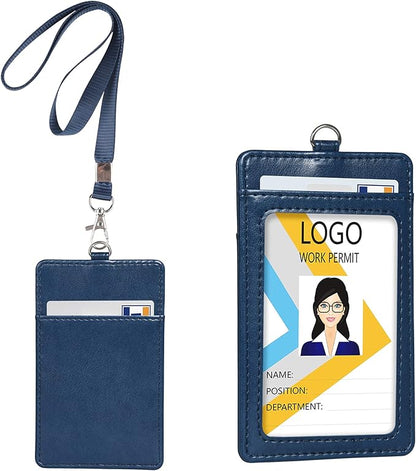 Teskyer Badge Holder with Lanyard, Leather ID Name Badge Card Holder with Lanyard for ID Badges, Vertical Blue