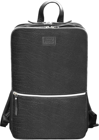 LEATHER VILLAGE Leather Laptop Backpack for Men | Black | Slim Professional Business Bag Fits 15.6”-Laptop | Water-Repellent Work & Travel Daypack with Trolley Strap