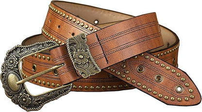 Mealah Vintage Western-Cowboy-Belt for Women Men - Carved Buckle PU Leather Waist Belts (for Waist 28"-38")