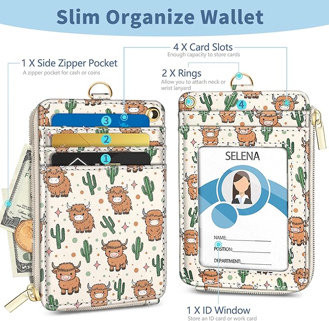 Lanyard Wallet with Id Badge Holder, Highland Cow RFID Small Keychain Wallet Women Wristlet, Zipper Credit Card Holder Phone Wrist Neck Strap for Key Name Tag, Teacher Student Office Gifts