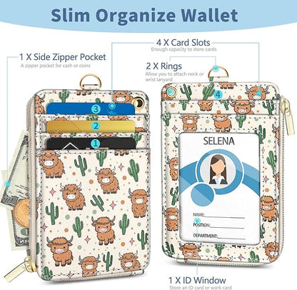 Lanyard Wallet with Id Badge Holder, Highland Cow RFID Small Keychain Wallet Women Wristlet, Zipper Credit Card Holder Phone Wrist Neck Strap for Key Name Tag, Teacher Student Office Gifts