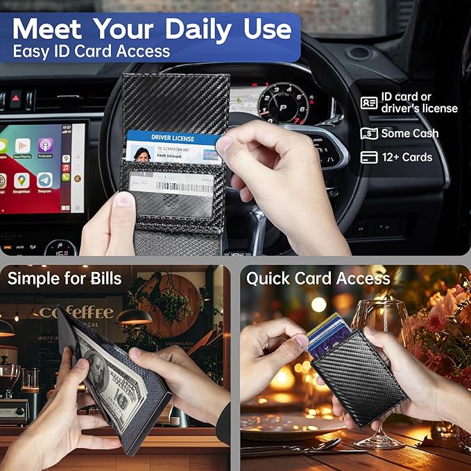 Wallet for Men, Slim Minimalist Mens Wallet for RFID Blocking, Front Pocket Credit Card Holder Wallets with ID Window, Smart Pop Up Metal Aluminum Case Gift for Men, Carbon Fiber Black