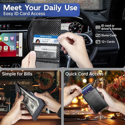 Wallet for Men, Slim Minimalist Mens Wallet for RFID Blocking, Front Pocket Credit Card Holder Wallets with ID Window, Smart Pop Up Metal Aluminum Case Gift for Men, Carbon Fiber Black