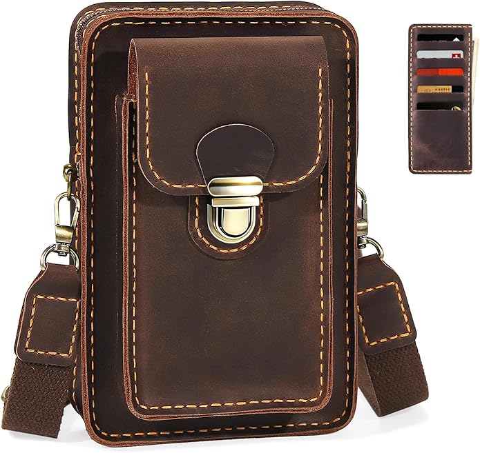 Handmade Genuine Leather Crossbody Phone Bag, Small Belt Pouch with Card Slots, Slim Phone Holster Case for Men & Women