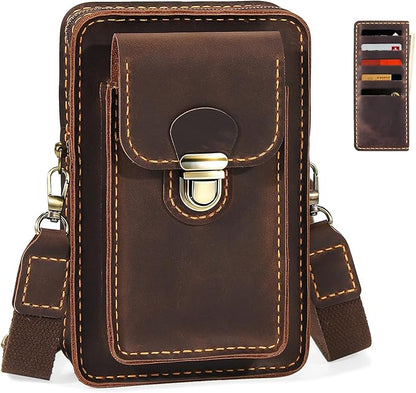 Handmade Genuine Leather Crossbody Phone Bag, Small Belt Pouch with Card Slots, Slim Phone Holster Case for Men & Women