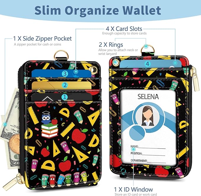 Lanyard Wallet with Id Badge Holder, Teacher RFID Small Keychain Wallet Women Wristlet, Cute Zipper Credit Card Holder Phone Wrist Neck Strap for Key Name Tag, Student School Office Gifts
