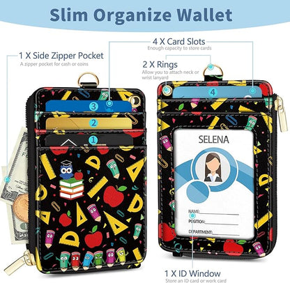 Lanyard Wallet with Id Badge Holder, Teacher RFID Small Keychain Wallet Women Wristlet, Cute Zipper Credit Card Holder Phone Wrist Neck Strap for Key Name Tag, Student School Office Gifts