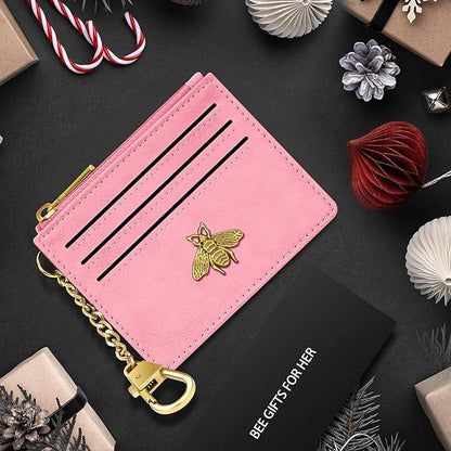SEAVILIA Card Holder Keychain Wallet for Women with ID Window RFID Blocking Coin Purse Bee Gifts Slim Minimalist Small PU Leather