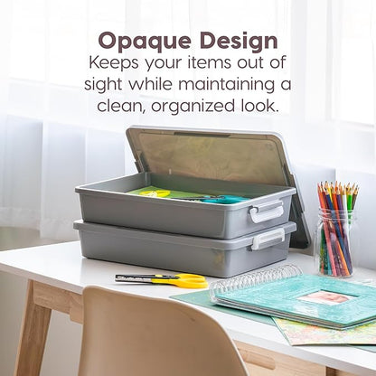 IRIS USA 6 Qt. Plastic Craft Storage Container Bins with Lids, 2 Pack, Small Art & Office Supply Organizer Tote, Sensory Bins & Boxes for Home & University, Stackable, Secure Latch Buckles, Gray