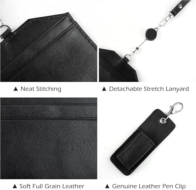 Office Badge Holder - Boshiho Genuine Leather Credit ID Card Holder with Stretch Neck Lanyard Horizontal Style (Black)