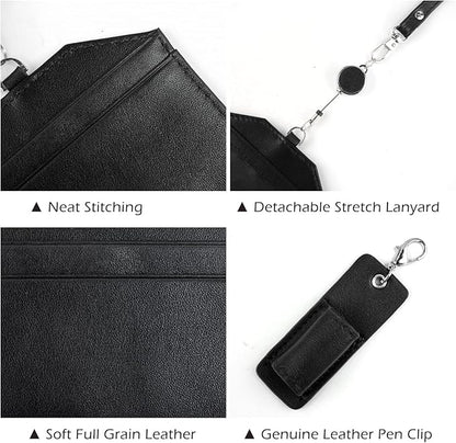 Office Badge Holder - Boshiho Genuine Leather Credit ID Card Holder with Stretch Neck Lanyard Horizontal Style (Black)