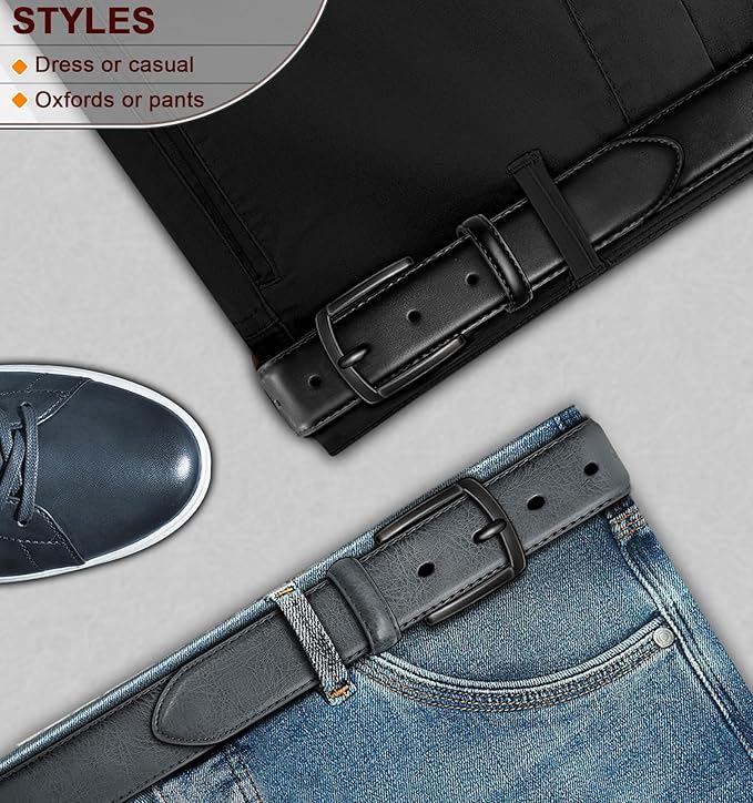BULLIANT Men Belt 2Pack-Leather Belt 7Holes Comfortable For Men's Dress Casual Jeans 1 3/8"