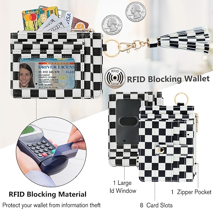 KNGITRYI Wallet Keychain Wristlet for Women,Slim RFID Credit Card Holder Purse Tassel Keychain Bangle Key Ring for Men Women