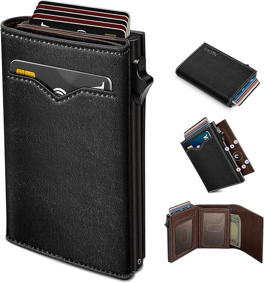 miyozi Wallet for Men,with Cash Pocket 2 ID Window 9-13 Cards,Metal Case Smart Slim Pop Up Credit Card Holder Flip with Magnetic Closure RFID Blocking Trifold wallet with Gift Box