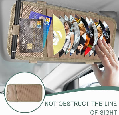 Sun Visor CD Holder, 12-Capacity Car Visor Organizer with DVD Sleeves and Mesh Pocket, Universal Visor Storage for Vehicle CD Case and Pen Holder Ergonomic Design (Khaki 1 Pcs)