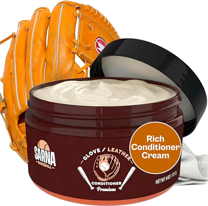 SARNA BASEBALL Glove Conditioner, Cream, 4 Oz – Break in Faster, Keep Leather Maintained – Water-Based, Non-Darkening, No Sticky Residue – Glove Conditioner for Mitts & Softball Gear Made in USA