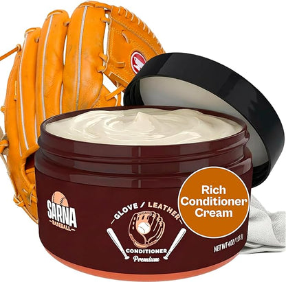 SARNA BASEBALL Glove Conditioner, Cream, 4 Oz – Break in Faster, Keep Leather Maintained – Water-Based, Non-Darkening, No Sticky Residue – Glove Conditioner for Mitts & Softball Gear Made in USA