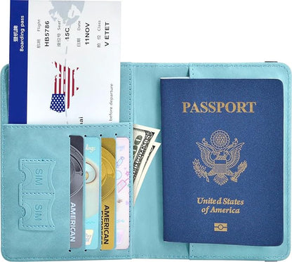 Passport Holder, Passport Cover with Credit Card Slot and Boarding Pass Slot Combo, Passport Wallet Case Book Travel Must Have, RFID Blocking Leather Travel Accessories, Sky Blue