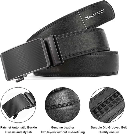 GAEKEAO Mens Belt Leather 1 3/8" - Micro-Adjust Buckle Ratchet Belts for Men Dress Casual to Formal Trim to Fit with Gift Box