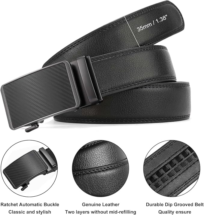 GAEKEAO Mens Belt Leather 1 3/8" - Micro-Adjust Buckle Ratchet Belts for Men Dress Casual to Formal Trim to Fit with Gift Box