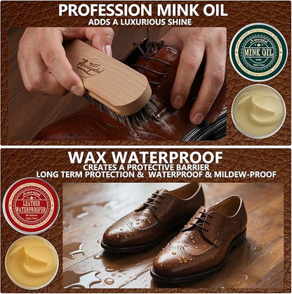 10 PCS Leather Care Kit - Horsehair Brushes,Saddle Soap,Waterproofing Wax,Mink Oil Conditioner,Polishing Cloth,Microfiber cloth,Boot Shoe Shine Cleaning Kit Gift for Men Cowboy Husband Dad ﻿