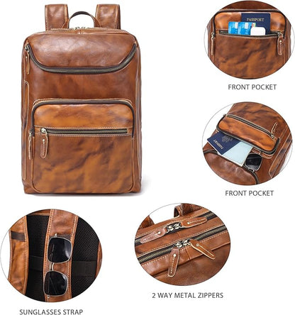 LANNSYNE Vegetable Tanned Leather Backpack For Men, 15.6" Leather Laptop Backpack Hiking Travel Bag Camping Rucksack