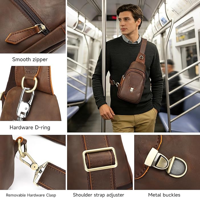 NIUCUNZH Genuine Leather Sling Bag Front Metal-Latch Crossbody Bags Handmade Vintage Chest Shoulder Backpack for Women Men