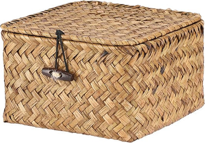 Hipiwe Wicker Shelf Baskets Bins with Lid Handwoven Seagrass Storage Basket Multipurpose Household Organizer for Shelves Home Decor, Caramel Color, X-small