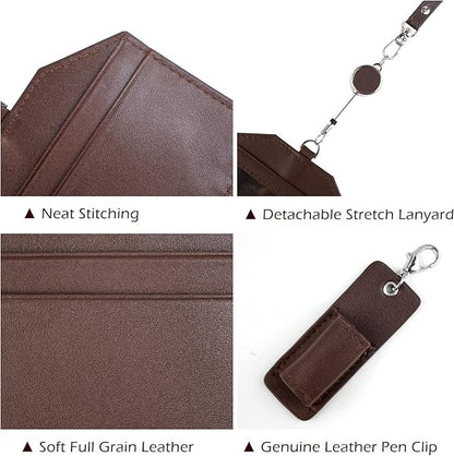 Office Badge Holder - Boshiho Genuine Leather Credit ID Card Holder with Stretch Neck Lanyard Vertical Style (Brown)