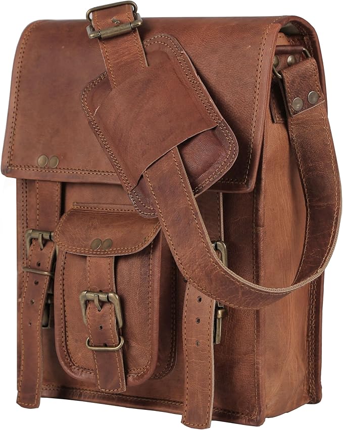 Leather crossbody bag messenger satchel tablet bag 11 inches for men and women (Brown)