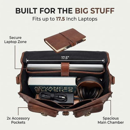 cuero Leather Messenger Bag for Men, 18 Inch Laptop Crossbody, Handmade Leather Shoulder Satchel Bag for Men, Full Grain Business Briefcase for Office/Work/Travel - Vintage Brown