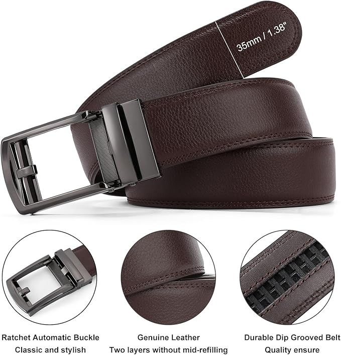 GAEKEAO Ratchet Belt for Men Genuine Leather 1 3/8" - Micro-Adjust Buckle Trim to Fit Dress Belt Casual to Formal Gift Boxed