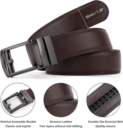 GAEKEAO Ratchet Belt for Men Genuine Leather 1 3/8" - Micro-Adjust Buckle Trim to Fit Dress Belt Casual to Formal Gift Boxed