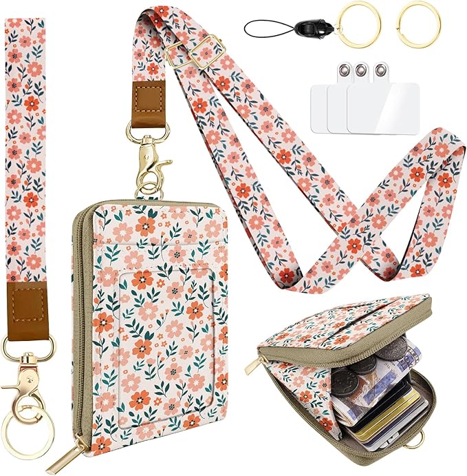 Colorful Floral Lanyard Wallet with ID Badge Holder PU Leathe RFID Small Keychain Wallet Women Wristlet Lanyard Wrist Strap, RFID Blocking for Office School Business Security Staff Women