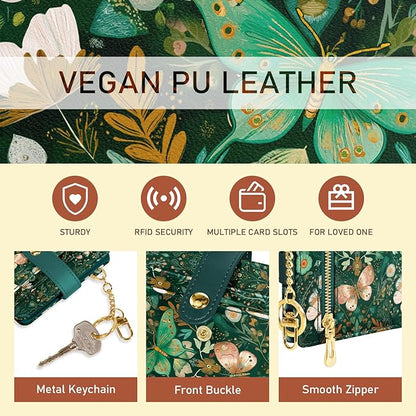 Jogjam Butterfly Green Rfid Women Wallet, Small Slim Thin Compact Credit Card Wallet, PU Leather Bifold Cash Wallet, Zipper Coin Pocket ID Window, Female Ladies Girl Gifts