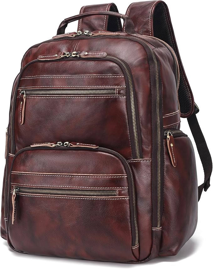 LANNSYNE Vintage Full Grain Leather Backpack For Men, 17.3'' Laptop Bag Causal Rucksack Shoulder Bag Overnight For Business/Hiking/Travel