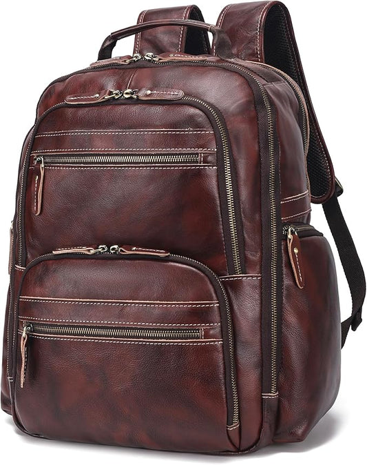 LANNSYNE Vintage Full Grain Leather Backpack For Men, 17.3'' Laptop Bag Causal Rucksack Shoulder Bag Overnight For Business/Hiking/Travel