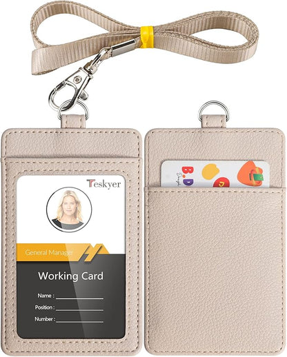 Teskyer Badge Holder with Lanyard, Leather ID Name Badge Card Holder with Lanyard for ID Badges, Vertical, Lychee Pattern Beige