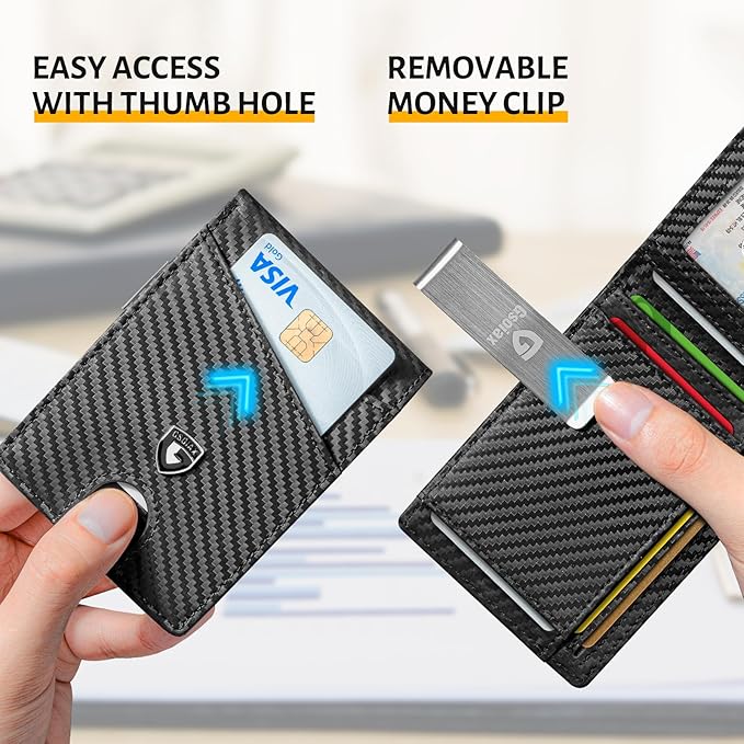 GSOIAX Slim Leather RFID Bifold Wallet for Men Minimalist Front Pocket Wallet with Money Clip,12 Card Slots,ID Window,Cool Groove Design,Includes Gift Box (Carbon Black)