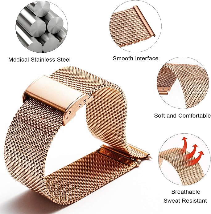 TStrap Mesh Watch Band Metal - Black Quick Release Watch Bands for Men Women - Stainless Steel Smart Watches Strap Bracelet Replacement - 10mm 12mm 14mm 16mm 18mm 20mm 22mm