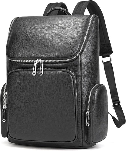 Genuine Leather Black Backpack - 15.6 Inch Business Laptop Backpack for Men & Women, Multi-Compartment Ergonomic Shoulder Bag for Office, Travel