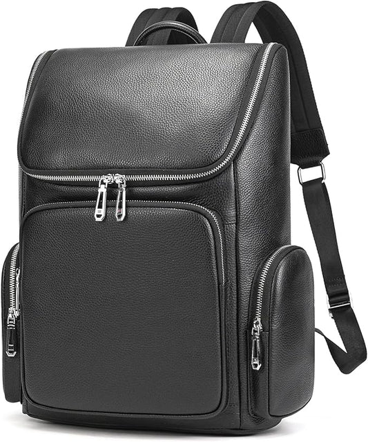 Genuine Leather Black Backpack - 15.6 Inch Business Laptop Backpack for Men & Women, Multi-Compartment Ergonomic Shoulder Bag for Office, Travel