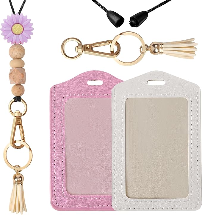 Teacher Lanyards for ID Badges - Teacher Lanyard with ID Holder, Purple Daisy Silicone Beaded Breakaway Leather Tassel Keychain Accessories, Appreciation Gifts for Women Employee(Pink Beige)