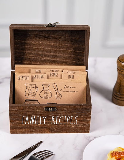 Wooden Box – Wood Storage Box - Wood Recipe Box with Lid and Metal Clasp - Rustic Vintage Farmhouse Recipe Box with Lid Wood Chest Design - Multipurpose Organizer – Birthday Gift for Women (Style 3)