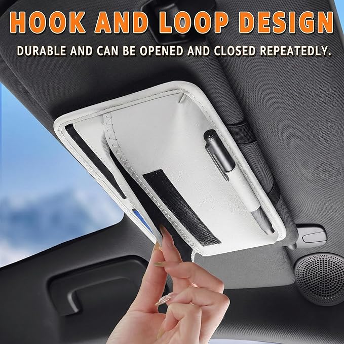 HOLDCY Car Visor Organizer – Sun Visor Storage Pouch Holder for Vehicle Truck SUV, PU Leather Auto Interior Accessories for Registration Document, Gas Card & Sunglasses, Universal Fit (White)