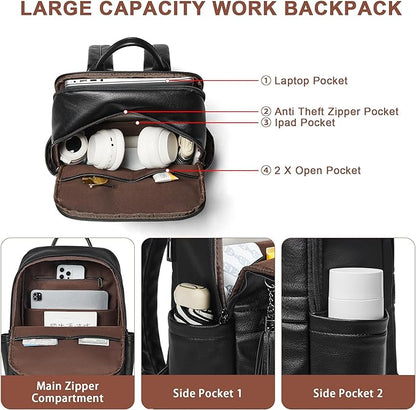 Leather Laptop Backpack for Women, 15.6" Causal Daypack Backpacks Purse Computer Backpack with Laptop Compartment for Travel Work College Business, Black
