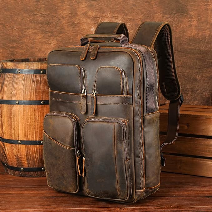 Polare 17.3 Inch Full Grain Leather Backpack for Men and Women Multi Pockets Business Travel Laptop Rucksack (Brown)