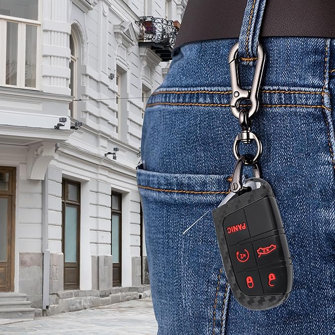5 Buttons Key Fob Cover,Key Fob Replacement for Protecting Remote Keys,Keys Fob Case Compatible with Jeep Dodge Chrysler (Carbon Fiber Red)