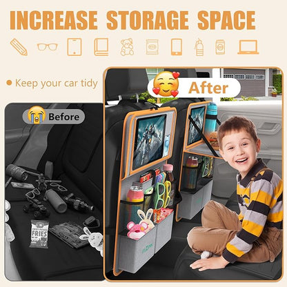 Plzpik Car Backseat Organizer with Tablet Holder,11 Storage Pockets with Foldable Food Tray, Protector Kick Mats for Kids, Travel Accessories Organizer (Orange, 1Pack with Food Tray)