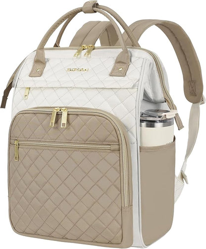 EMPSIGN 17 Inch Laptop Backpack for Women, Work Business Travel Computer College Bags, Large Capacity Water-repellent Quilted Casual Daypack, Beige-Khaki